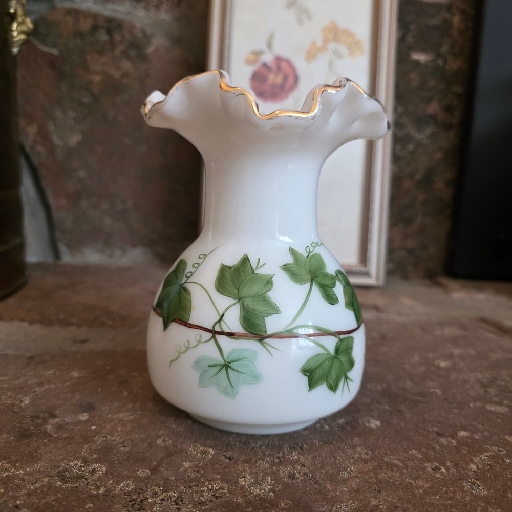 Vintage Consolidated Milk Glass Ivy Vase Hand Painted Ruffled Gold Rim 6 Inch
